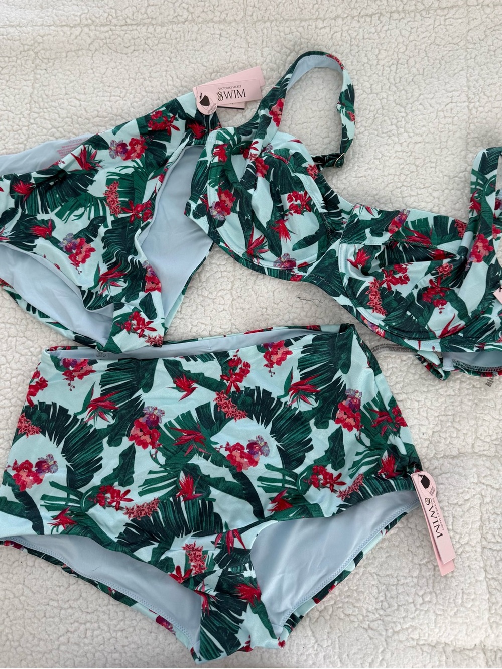 Victoria's Secret Mint Bikini with Green Leaf and Red Floral Print